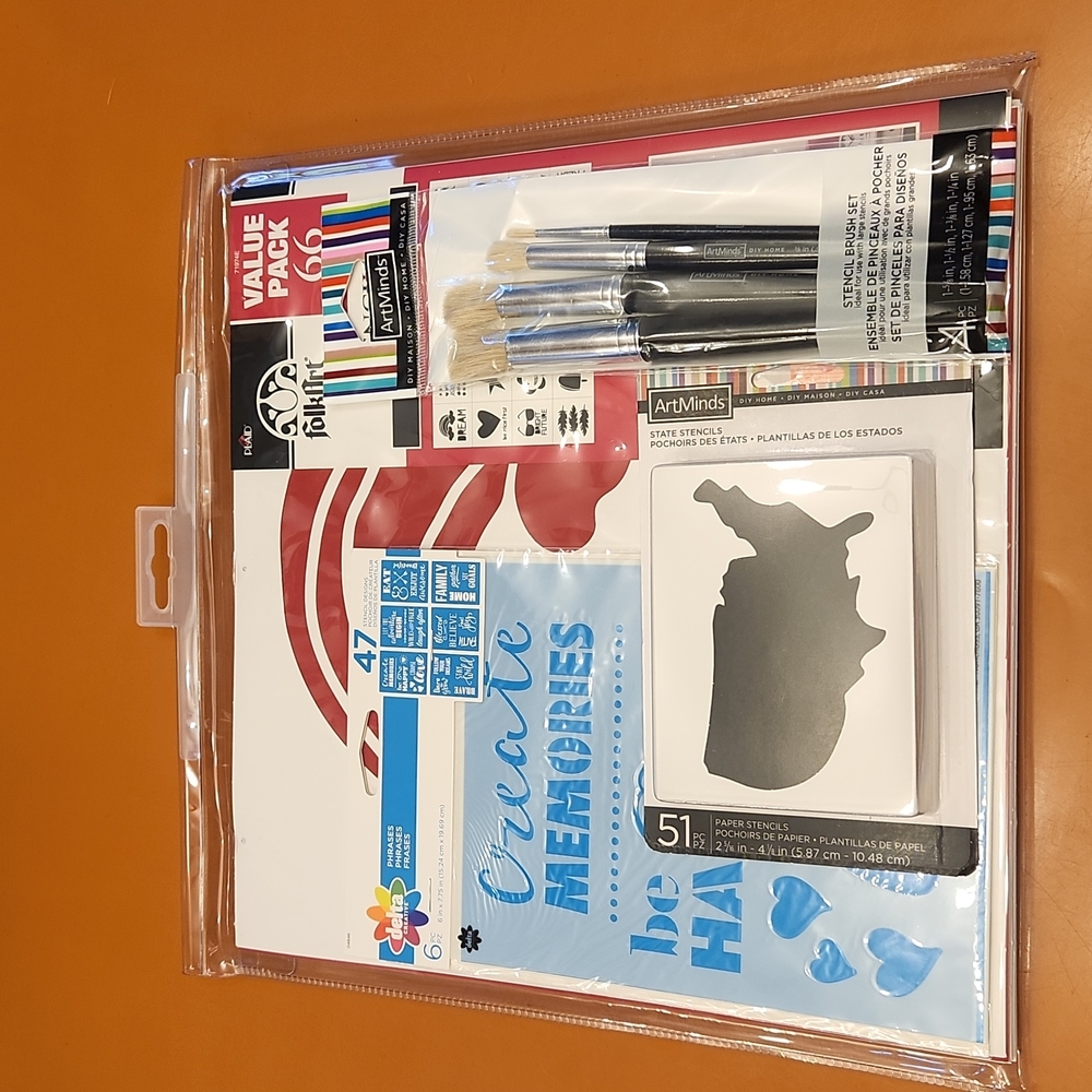 3 Stenciling kits (states, phrases & modern variety) & 4pk of stenciling brushes